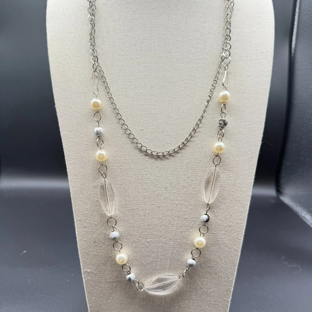 Silver Tone Faux Pearl Clear Bead Long Layering Necklace Y2K Boho Statement